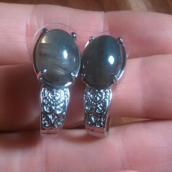 Madagascar Fire Labradorite Stainless Steel Solitaire Stud Earrings - Picture 9 of 14